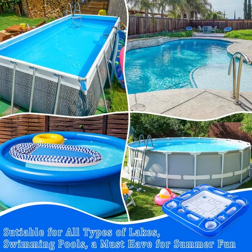Vista 6 de Mesa de juego inflable para piscina con cartas impermeables (35.5 x 35.5 pulgadas, azul/blanco)