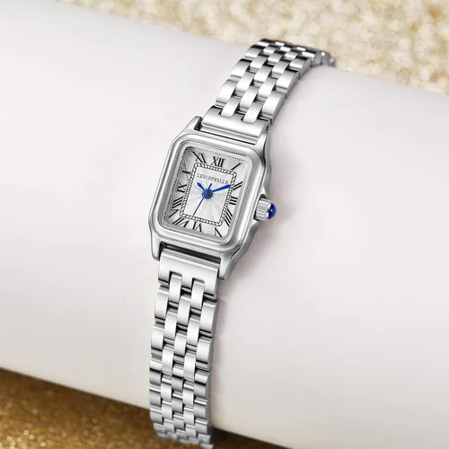 Vista 9 de Relojes pequeños de oro para mujer con funda rectangular vintage, esfera romana clásica, banda de acero inoxidable resistente al agua con cadena