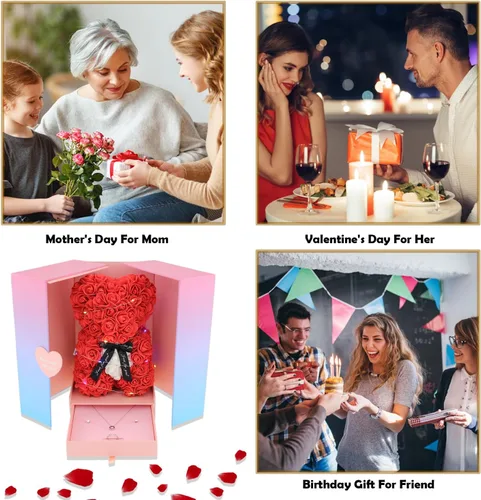 Vista 4 de Juego de caja de regalo con diseño de oso de rosas, diseño de oso de rosas, para novia, mujer, esposa, aniversario, Navidad, San Valentín