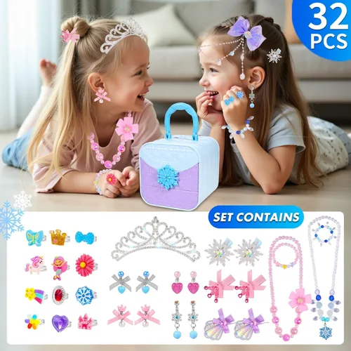 Vista 3 de Conjunto de joyas PinkSheep para niñas con caja, collar de anillo con corona de princesa para niños pequeños, juguete de disfraz, joyería para niñas