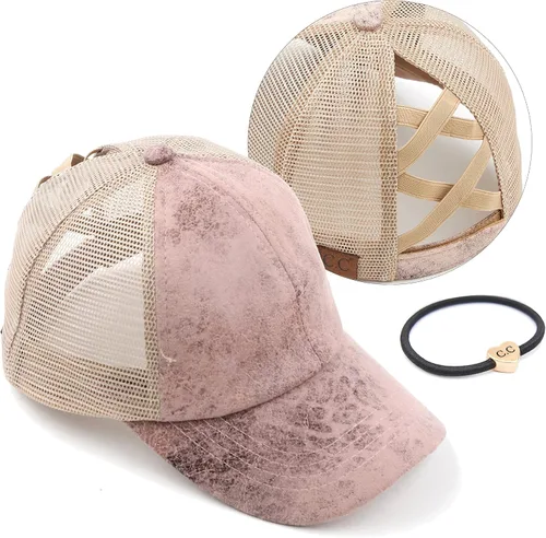 Vista 64 de C.C Gorra de béisbol de malla con diseño de estrella brillante, gorra de camionero ajustable para moño o cola de caballo Una banda elástica-negro