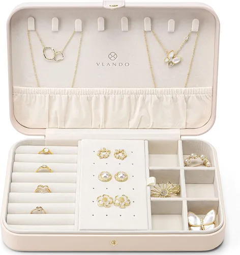Vista 7 de Vlando Joyero de viaje para mujer, organizador de joyas de cuero portátil, para collares, aretes, anillos, pulseras, tamaño pequeño, regalos