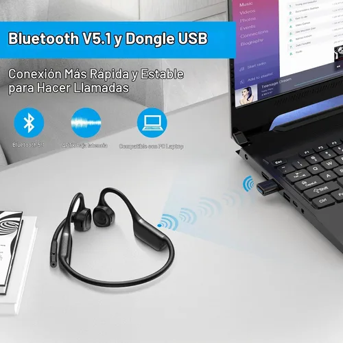Vista 5 de Smof Auriculares abiertos con micrófono, Bluetooth 5.1, auriculares de NEGRO (USB-A y C)