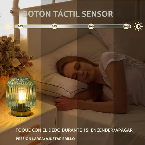 Vista 4 de MJ PREMIER Lámpara de mesa recargable, lámpara inalámbrica con función de memoria, verde Pequeña lámpara de cristal LED con brillo de Dimmable