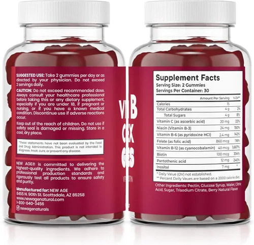Vista 8 de NEW AGE - Gomitas de complejo de vitamina B con vitamina B3, B5, B6, B7, B9 y B12, con biotina, ácido fólico y vitamina C, sin gluten, veganas