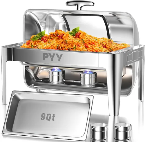 Vista 10 de Juego de buffet de platos de roce PYY con tapa enrollable, juego de 9 cuartos de galón de servidor de roce de acero inoxidable para catering, chafer