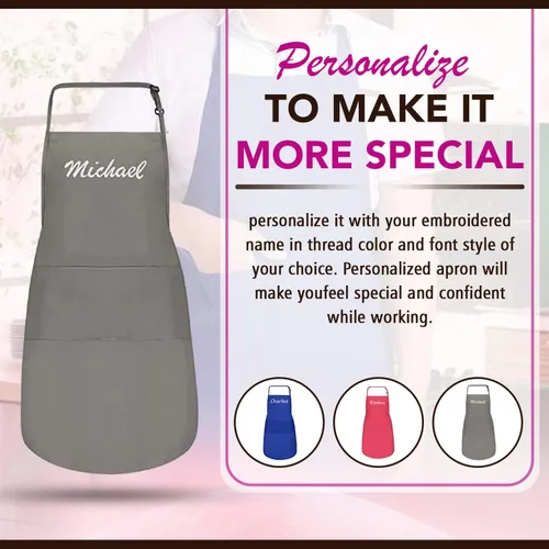 Vista 3 de Delantales personalizados para hombres y mujeres Delantal personalizado con nombre bordado y bolsillos para cocina, pintura, manualidades, salón