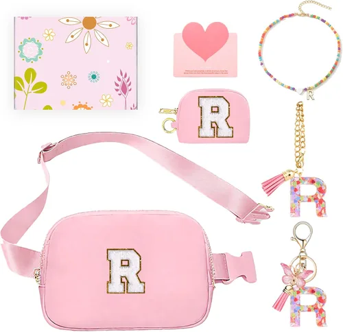 Vista 48 de Regalos de moda para niñas adolescentes, cangurera con monograma para niña con llavero, collar, dijes de taza, tarjeta de felicitación y caja