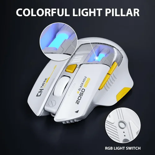 Vista 3 de INPHIC A9 Explorer - Ratón Bluetooth, modo dual Bluetooth 5.0/2.4G, 2400 DPI, indicador de batería visible, mouse RGB para portátil, color blanco