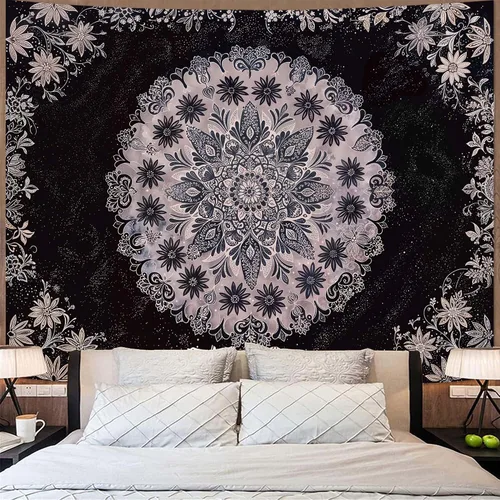 Vista 36 de Fowocu Tapiz bohemio con mandala floral para colgar en la pared, medallón de flores bohemias, tapiz estético, beige, naranja, hippie, indio, pequeño