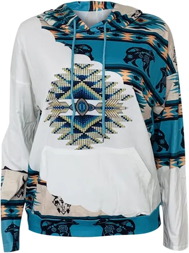 Vista 4 de Sudaderas con capucha estilo étnico azteca occidental para mujer, estilo casual, folk, manga larga, con bolsillo