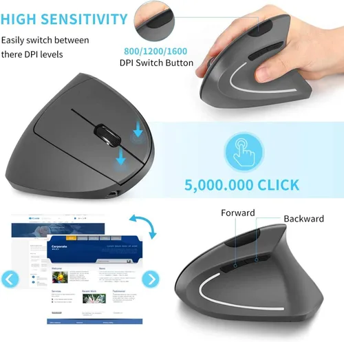 Vista 8 de Ratón ergonómico vertical inalámbrico recargable, mouse vertical óptico USB de 2.4 G con 3 DPI ajustables de 80012001600 niveles, 6 botones