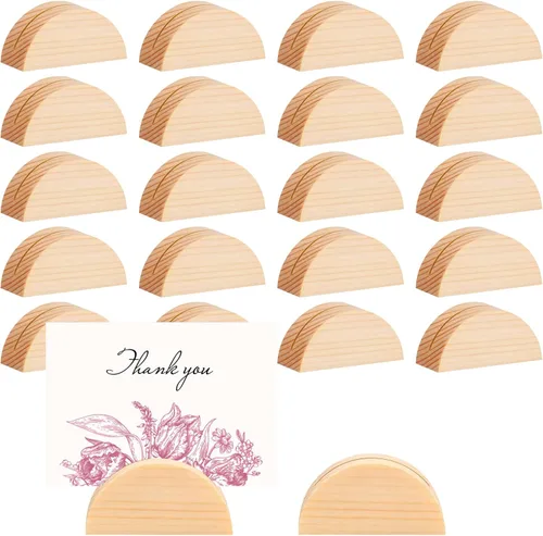 Vista 3 de 24 soportes de madera para números de mesa, tarjeteros de madera ligera, diseño semicircular para bodas, ceremonias, cumpleaños, fiestas, decoración