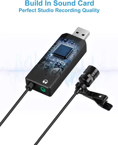 Vista 5 de FIFINE Micrófono de solapa Lavalier USB, condensador cardioide con clip, micrófono USB Plug and Play con tarjeta de sonido para PC y Mac-K053