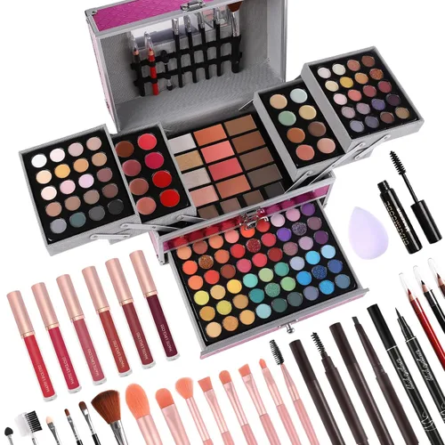 Vista 7 de Set de regalo de maquillaje para mujeres y niñas, kit de maquillaje completo todo en uno con sombra de ojos, brillo de labios, corrector, rubor