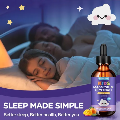 Vista 7 de Gotas líquidas de glicinato de magnesio para niños, magnesio para niños con L-teanina, omega-3, vitamina D3 K2, zinc para dormir, calma, relajación