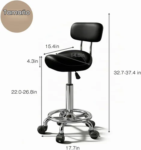 Vista 2 de Taburete con pedal de anillo y respaldo, silla hidráulica ajustable con ruedas para uso médico, masaje, salón, spa, cocina y dibujo