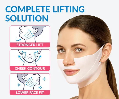 Vista 10 de Mascarilla facial moldeadora de contorno facial, con hidrogel de colágeno y aloe vera, banda antienvejecimiento y antiarrugas, disminuye la doble