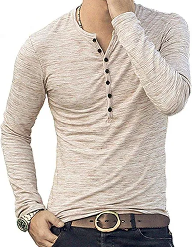 Vista 2 de KUYIGO Henley - Camiseta básica de manga corta y larga para hombre