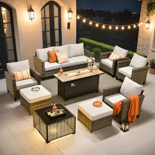 Vista 17 de ovios Juego de muebles de patio de 4 piezas con sofá de exterior, luces solares, mesa, cojines cómodos, sofá de conversación de mimbre de ratán