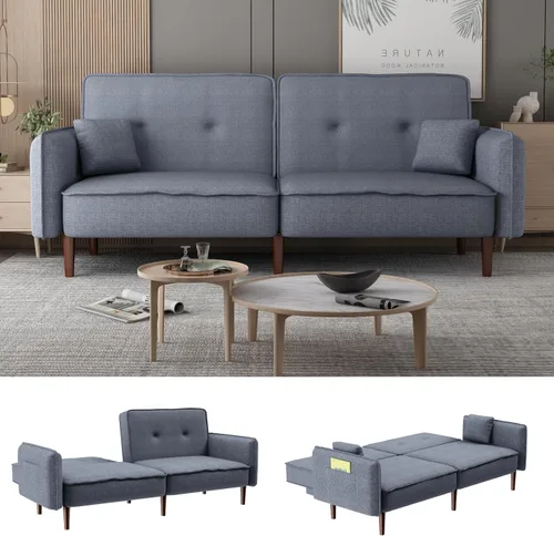 Vista 22 de HMFULE Sofá cama convertible con patas de madera maciza, tela de lino, moderno sofá futón tapizado ajustable para espacio de vida compacto, azul