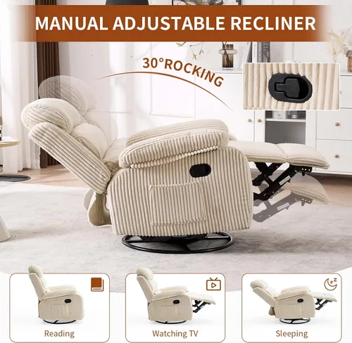 Vista 4 de Silla mecedora reclinable de 360° para adultos, silla reclinable para cuarto de bebé con bolsillo lateral, un cómodo sillón de sofá individual