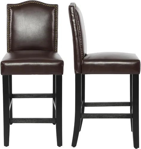 Vista 13 de LSSPAID Juego de 2 taburetes de bar, de 28.5 pulgadas, modernos tapizados de tela, taburetes de bar con respaldo de cabeza de clavo y patas de Beige