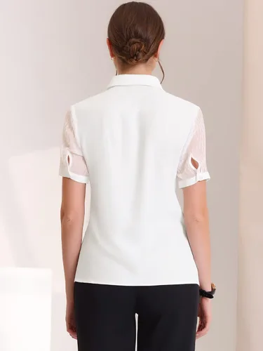 Vista 3 de Allegra K Camisa de trabajo con botones para mujer, manga corta, cuello de punto