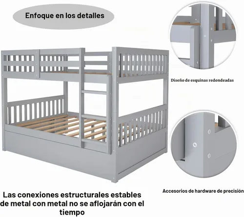 Vista 6 de Olela Litera de tamaño matrimonial sobre matrimonial con nido individual, marco de cama matrimonial de madera convertible con escalera de riel