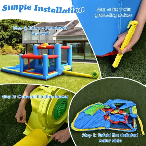 Vista 5 de BOUNTECH Tobogán acuático inflable, casa hinchable para niños de 5 a 12 años, para fiestas en interiores y exteriores, con soplador de 480 W, bolas