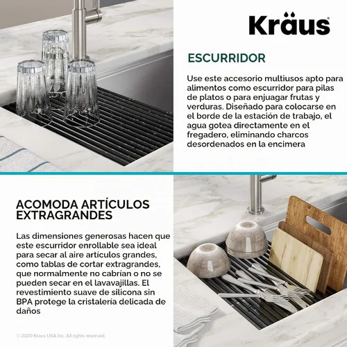 Vista 6 de Kraus Multiusos Escurreplatos Enrollable para Fregadero con Colador y Esterilla en Aqua, KRM-11AQ Aguamarina