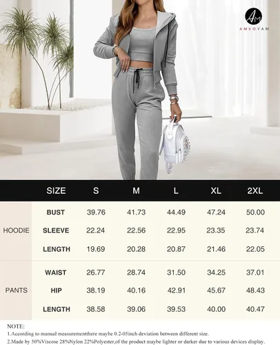 Vista 6 de Amkoyam Conjunto de dos piezas para mujer, de manga larga, con cremallera, sudadera con capucha y pantalones largos