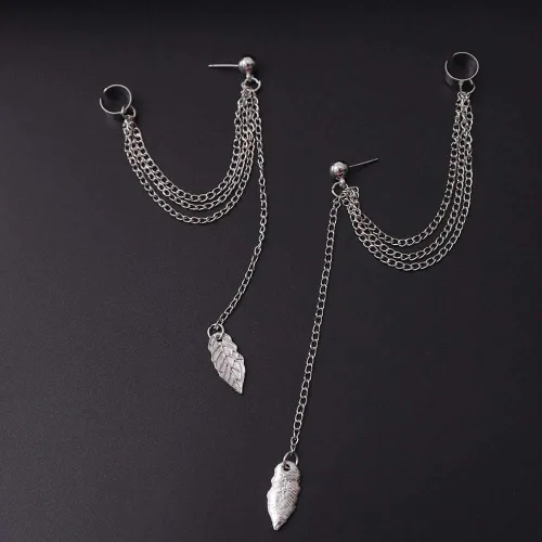 Vista 6 de Las mujeres de la manera pendientes de la hoja penacho colgante larga cadena gota cuelgan pendientes joyería (plata), Metal
