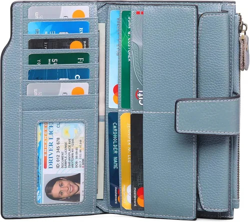 Vista 2 de SENDEFN Carteras de cuero para mujer, con bloqueo RFID, tarjetero con bolsillo con cremallera, Azulclaro, Cartera de gran capacidad
