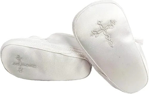 Vista 2 de Zapato de bautizo de satén para niñas con cruz celta y roseta
