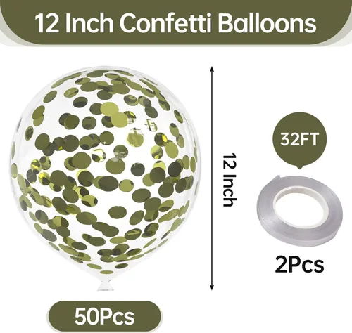 Vista 2 de 50 globos de confeti de papel de aluminio verde aguacate, globos de látex de 12 pulgadas con confeti verde aguacate en el interior para cumpleaños