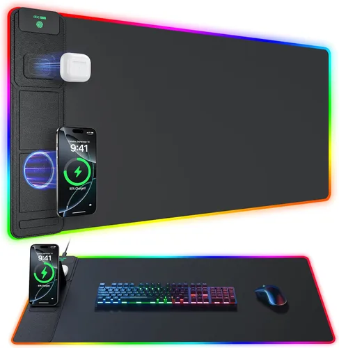 Vista 17 de Alfombrilla de mouse con soporte magnético de carga inalámbrica para teléfono, 31.5 x 15.8 pulgadas, grande, superficie lisa impermeable, base