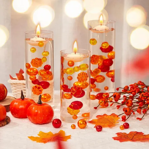 Vista 7 de MTLEE 124 piezas de relleno de jarrón de Acción de Gracias, perlas sintéticas para relleno de jarrón con 8 velas blancas sin perfume para otoño