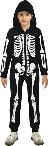 Vista 5 de Disfraz de esqueleto para niños que brilla en la oscuridad con capucha de esqueleto de una pieza para Halloween Negro