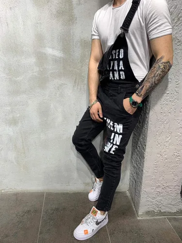 Vista 2 de Overol de mezclilla para hombre, overol negro con letras de moda, ajustable, ropa de trabajo, ajustado, con bolsillos
