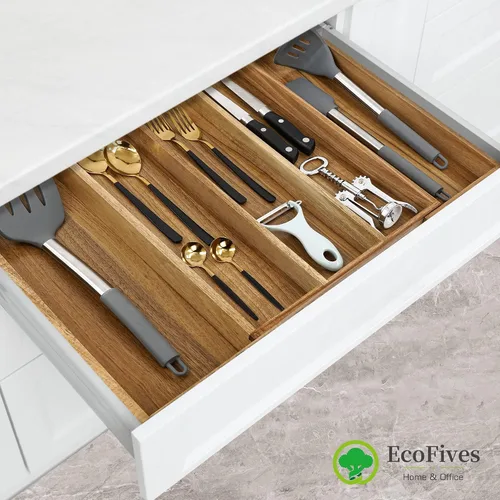 Vista 2 de EcoFives Organizador de cubiertos de acacia de lujo, organizador de cajones de cocina, soporte para utensilios y organizador de cubiertos