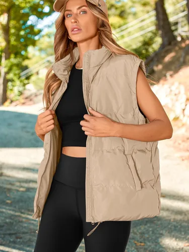 Vista 2 de AUTOMET Chaleco acolchado para mujer, sin mangas, con cremallera, cálido, acolchado, ligero, cuello alto, con bolsillo