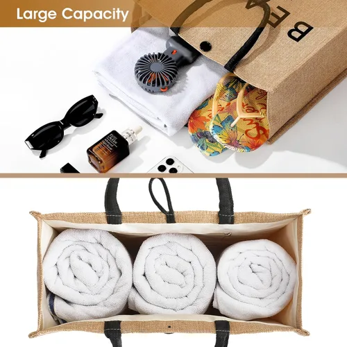 Vista 5 de Bolsa de playa grande para mujer, bolsa de playa tejida de paja impermeable, tejido de natación, gimnasio, compras, bolsa de viaje con botón
