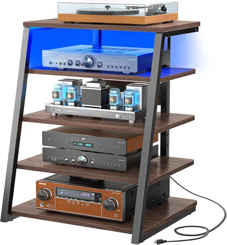 Vista 10 de Soporte multimedia AV de 4 niveles con tiras de alimentación, soporte estéreo con luces LED, torre de audio en rack con estantes ajustables, pequeño