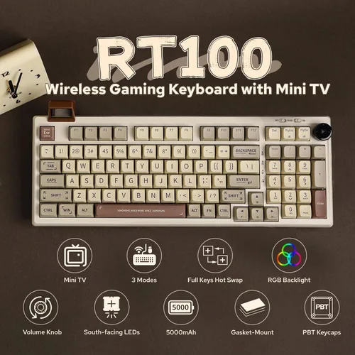 Vista 2 de EPOMAKER Teclado retro RT100 para juegos con pantalla de visualización, BT5.0/2.4G/USB-C, junta de 97 teclas, teclado personalizado, intercambiable