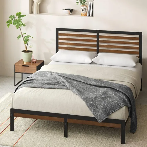 Vista 13 de Zinus Kai - Base de cama de bambú y metal con cabecero, no necesita somier, fácil montaje, individual, color marrón