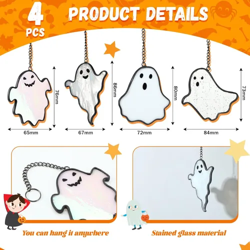 Vista 2 de Yungyan 4 piezas de fantasmas de Halloween con vitrales pintados a mano para colgar en la ventana, atrapasoles de Halloween, decoración gótica