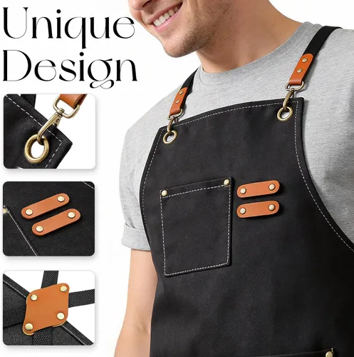 Vista 4 de Delantales de chef para hombres y mujeres con bolsillos grandes, delantal de lona de algodón resistente con espalda cruzada