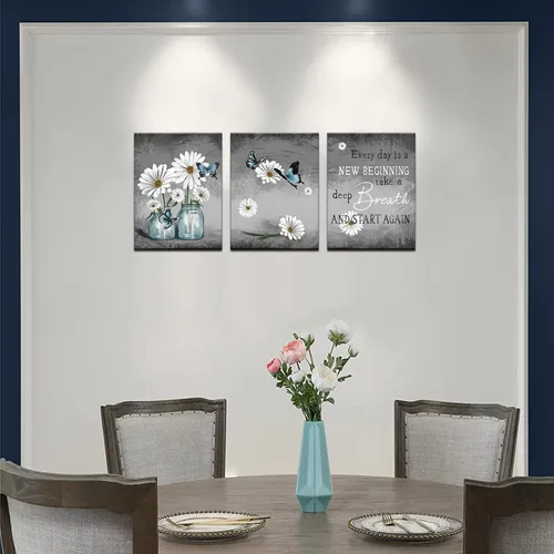 Vista 2 de Biuteawal 3 piezas de arte de pared de margaritas, pintura de flores y mariposas, citas inspiradoras, lienzo impreso, cuadro de arte floral