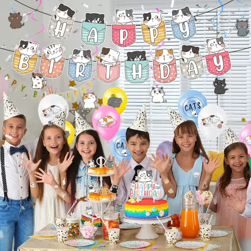 Vista 7 de Zhanmai 106 piezas de suministros de fiesta de cumpleaños con temática de gato, incluyen una bonita pancarta de feliz cumpleaños, remolinos